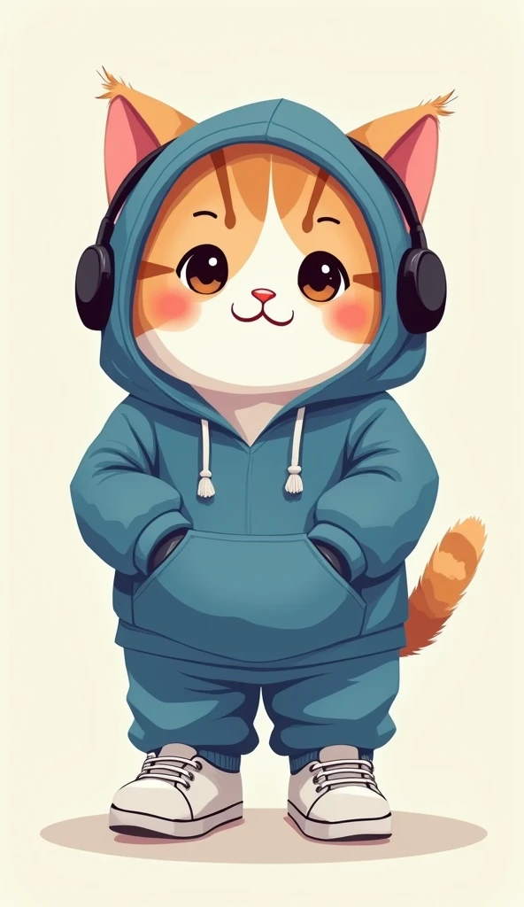 A cute little cat ，Wearing a casual blue hooded suit，white sneakers，Bring headphones， pleasant expression，Cute digital illustration ，tmasterpiece， best quality ， Abstractionism