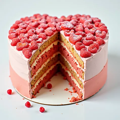 a heart shaped cake, many layers, a part of the cake is destroyed, 