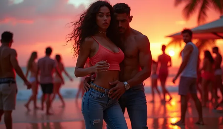  Reggaeton record cover with a hyperrealistic scene , intense and full of intense sex  .  On a very hot sunset at a wonderful party by the sea ,  you can fully see the figures of a man who is behind a woman .  The man holds the woman who has her back to th...