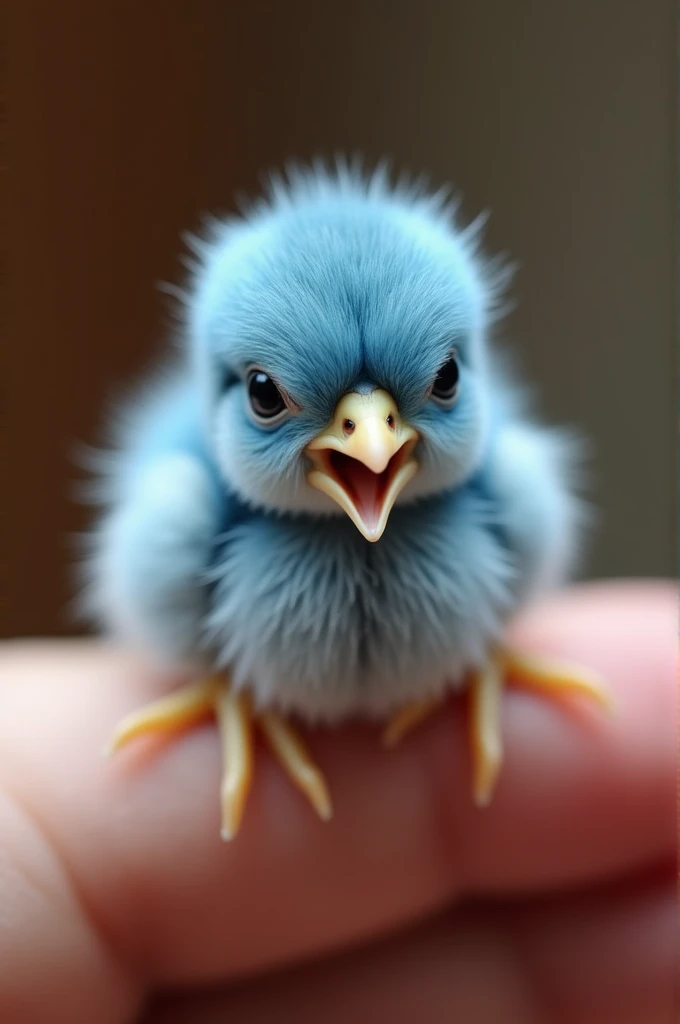 A close up of a tiny blue rooster cub being gently held by a human finger. The puppy is yawning or opening its mouth playfully. He is very small, with soft and fluffy fur, and small claws resting on the finger. the background is blurred,  focusing all atte...