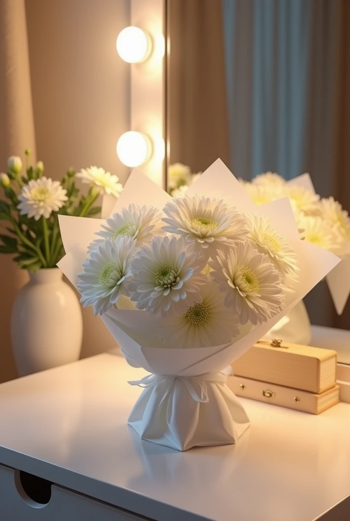  make me a bouquet of white Danlias flowers wrapped in white paper with a small letter that says *I love you Matt *  on a dressing table with mirror and spotlights and makeup 