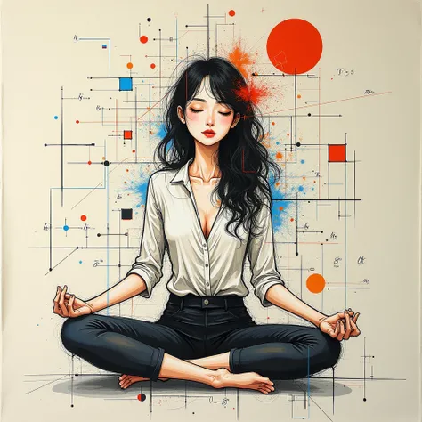 A chaotic and rough sketch on a canvas representing the fleeting moment before realization, focusing on a Japanese woman in meditation. The sketch features fragmented and incomplete lines, abstract shapes, and bursts of color symbolizing creative turmoil. ...