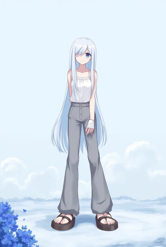 1girl, giant woman, bethel, blue eyes, bare shoulders, feet, large feet, long hair, white hair, hair over one eye, bangs, gloves, sleeveless, solo, blouse, pants, fingerless gloves, white blouse, comfortable shirt, arms behind back, off shoulder, chunky pl...