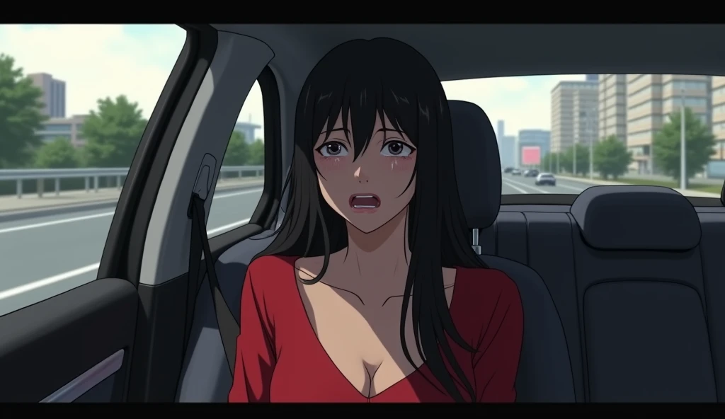 Woman with black hair and red dress crying and riding in a car realistic animation