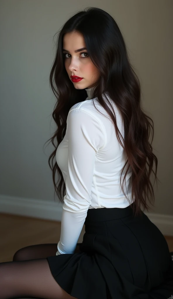  Tall Sexy Russian brunette emo goth girl in a white tucked shirt, black school skirt,  black tights ,  red lipstick , mouth slightly open , hot  sexy  face,  sexy  makeup,  a girl is very excited ,  head to toe view , straight legs, slim narrow waist ,  s...