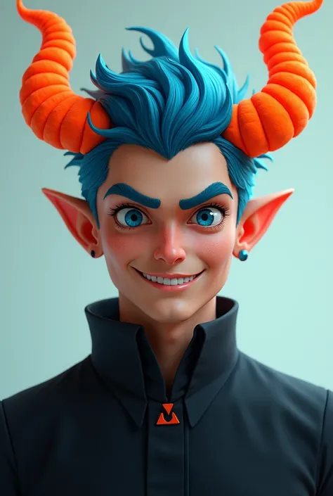 man, black shirt, smile, Blue hair, Orange horns,