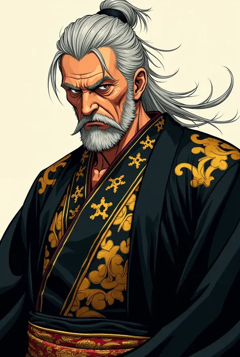 Manga characters,  middle aged man , To look serious , And firm expression ,  wearing a black kimono with gold details, manga version 