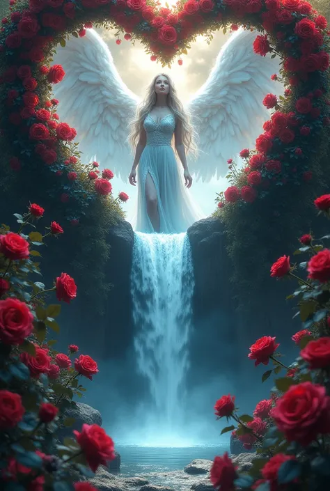 Photo of a heart filled with red roses inside the heart a beautiful waterfall filled with a deep angel with dazzling passages 