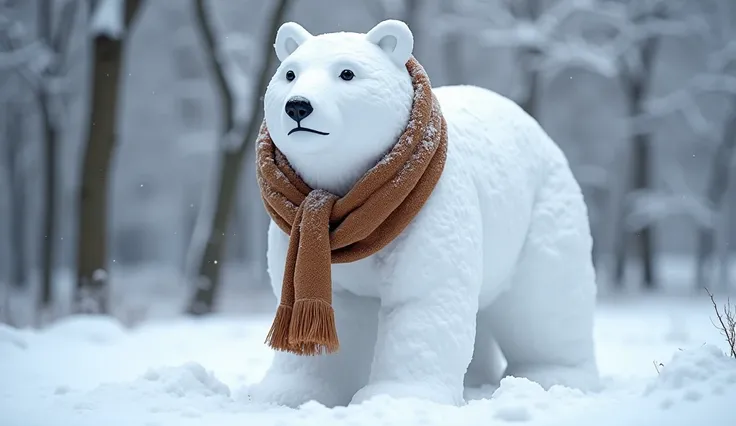 Bear made of snow and wears a brown scarf in the snow