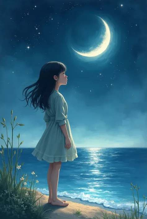 A drawing of a girl looking at the moon and the sea