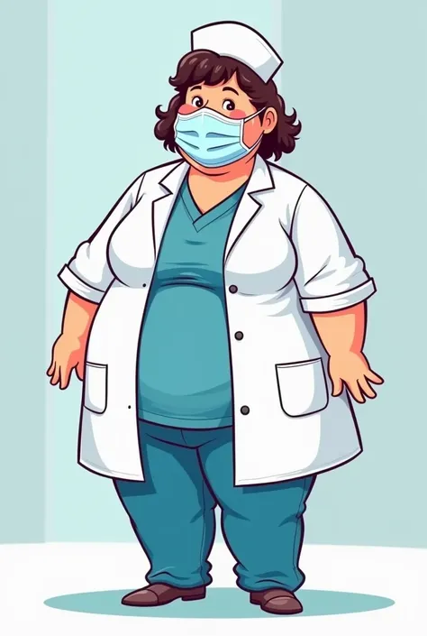 Cartoon chubby nurse white lab coat blue pants cabelo curto de toca e máscara 