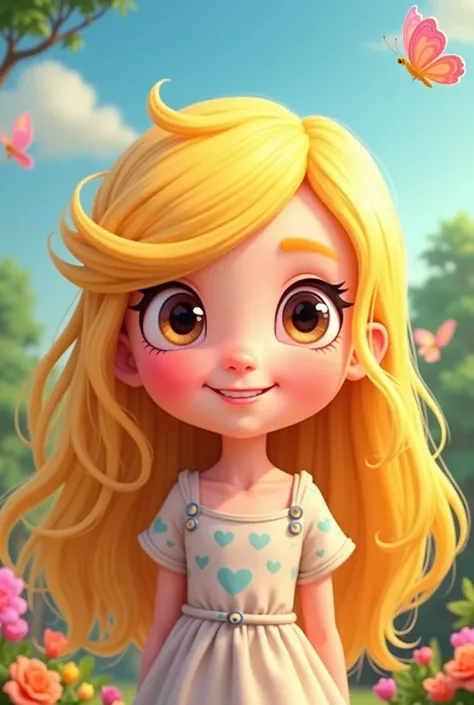 Cartoon of a white girl with long yellow hair 
