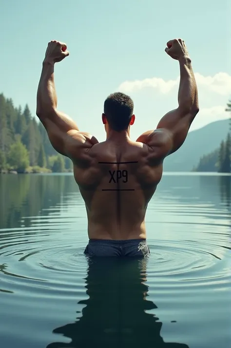  A muscular man ,  with your back turned towards us , standing in a lake ,  both arms pointed upwards ,  keep the globe ,  on your back is written XP9