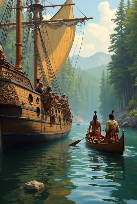 Create an image from 1800 to 1900 of a French boat finding two Indians in a canoe