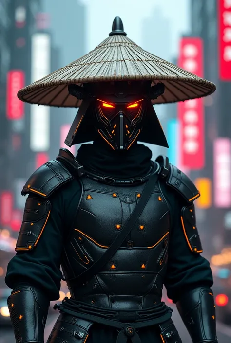 Cool samurai cyberpunk full mask with a straw hat