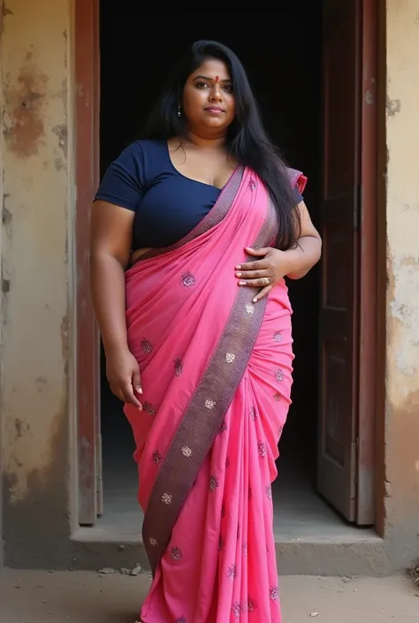 Indian extreme plus size BBW chubby fat busty dark skinned wide woman with dusty face with large breast and large extreme fat curvey figure and wide shoulder and long hair and wearing dark blue deep neck tight fitting blouse with displaying big cleavage an...