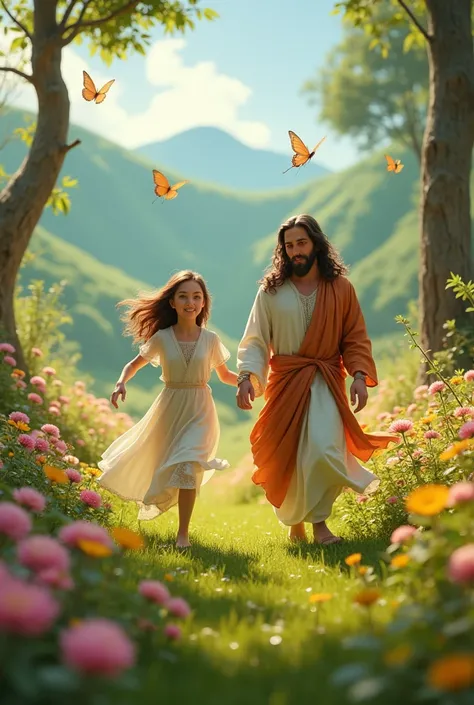 Disney Pixar image of Jesus Christ and a woman running in nature among flowers and butterflies 