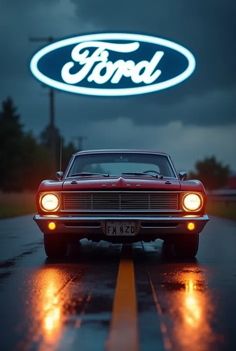 A red Ford Falcon car from before with its square headlights at dusk on a wet road with the Ford logo drawn on the car in the sky 