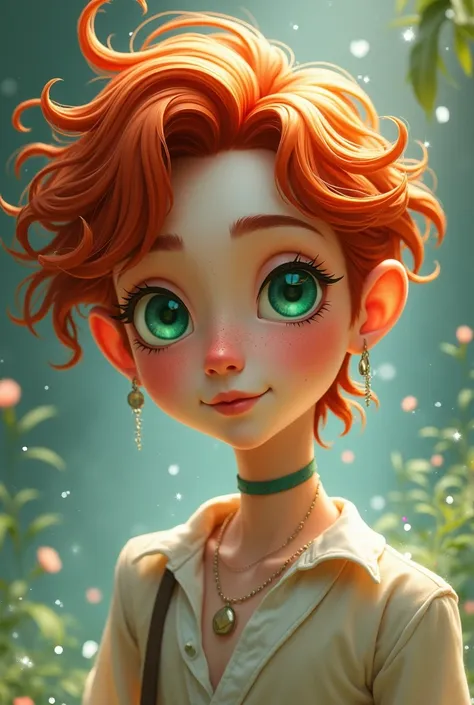 create a male cartoon character, ginger hair, hair goes down to waist, pale skin, freckles, dreamy green eyes, straight nose, thin pouty lips, lean body