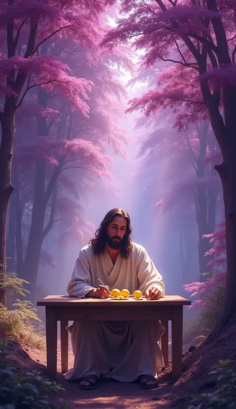 Jesus in a purple forest he is sitting at a table eating lemon