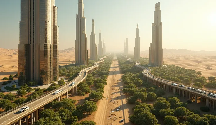 A futuristic concept of two parallel towers stretching endlessly across the desert, each 500 meters tall and 200 meters wide, reflecting an eco-friendly and highly connected linear city. The towers are surrounded by lush greenery, with advanced transportat...