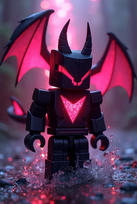 Create a Roblox miniature with a character who has a head with pink and black squares, With an ocean floor , I want the character to have a red aura around him making him an opponent, with a nasty dragon behind him