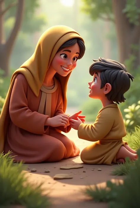 Mary talking to Jesus,  3d cartoon style image  