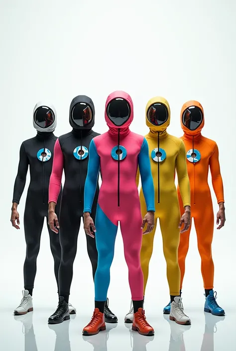 5 jumpsuits with different full body design facing forward with a circle on the face to position a persons face.  The background must be white  