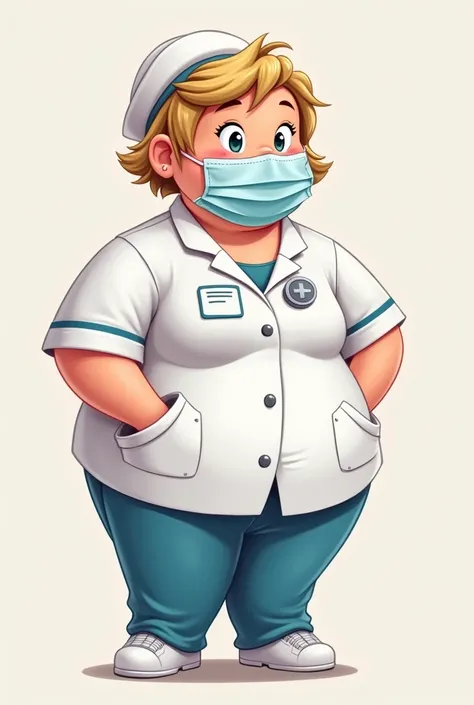 Cartoon chubby stocking nurse white lab coat blue pants short dark blond hair and mask and glove looking from the side