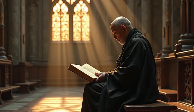  An elderly monk wearing a dark robe ,  sitting on a wooden bench inside an ancient cathedral ,  illuminated by a golden light that comes through the stained glass windows in the background. He is focused,  reading a large, ancient book on a simple table ....