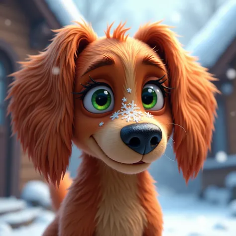  Real-cartoon-fairy-tale world , high quality ,  highly detailed ,  hyperrealistic ,  extremely realistic ,  photorealistic , 8k,   A dog with long hairy ears ,  He has green bright eyes with sparkles ,  around one eye fur in the form of a black heart shap...