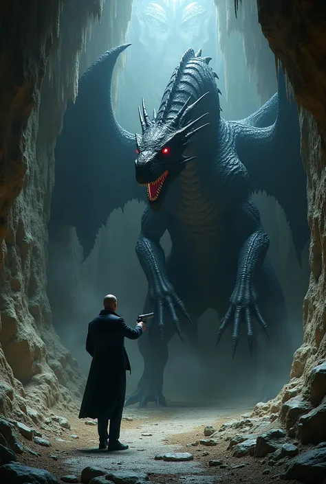 A menacing dark dragon approaching a suited man aiming a revolver in a large cave