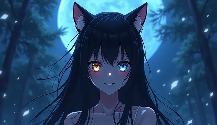 (Best quality,8K,high resolution,masterpiece:1.2),Digital Artwork, Anime girl with cat ears，Delicate face，Delicate eyes，black Hair，long and straight hair , yandere evil girl, yandere evil smile expression, badas stylized anime pose, badas anime stylized po...