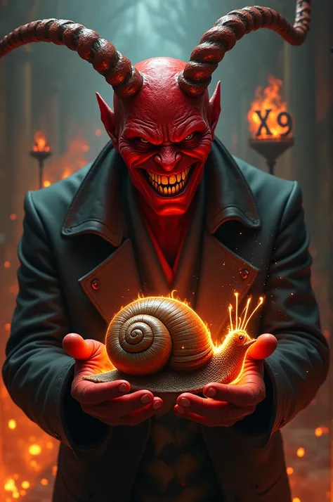 A man with a red devils head , grins evilly,  holds a burning snail between its hands, On the snail it is written XP9 ,  in the background is burning a font written XP9 