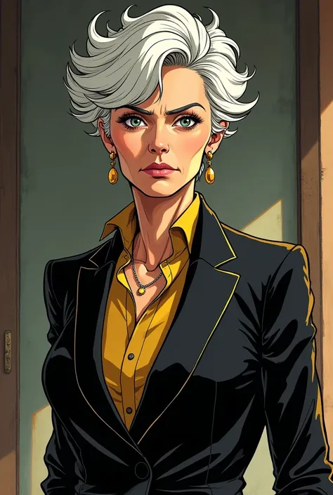 Manga characters, woman, 80 years old, short white hair, De Olhar Forte , And firm expression , wearing a suit,  in the color golden black, Im a character, manga version 