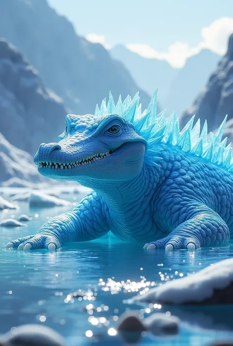 A majestic mystical crocodile-like creature in an icy environment .  The animal has a powerful body covered in translucent blue ice crystals and scales that emanate a magical glow.  and also made of crystalline ice ,  reflecting ambient light .  The surrou...