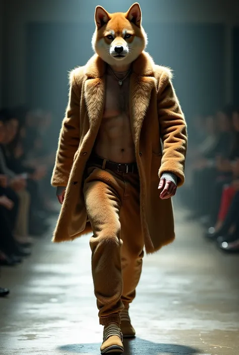 nasty , sexy, male dressed like shiba inu fur cosplay walking in fashion catwalk, ultra realistic