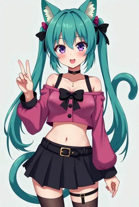  A fair-skinned Japanese girl ,  violet eyes costume, turquoise hair, turquoise cat ears, belly piercing , turquoise cat tail,  a deep pink crop top with black bow and black buttons, black skirt with a belt ,  high fishnets and black heels 