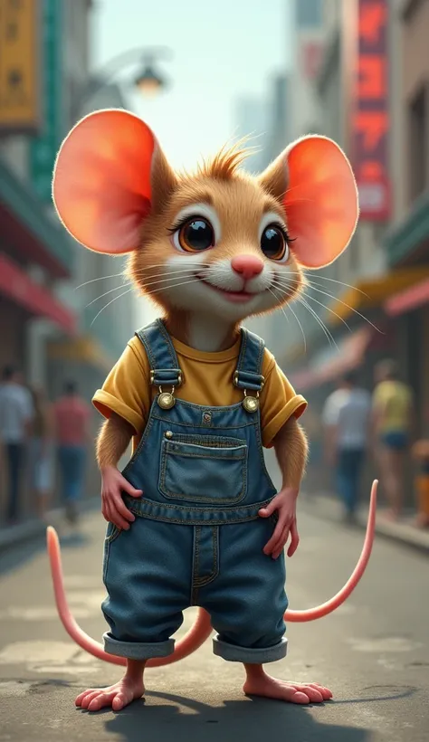  masterpiece , highest quality,animal,a little,,without humans,Mouse,minuet,T-shirt and denim clothing , standing on the hind legs,street background