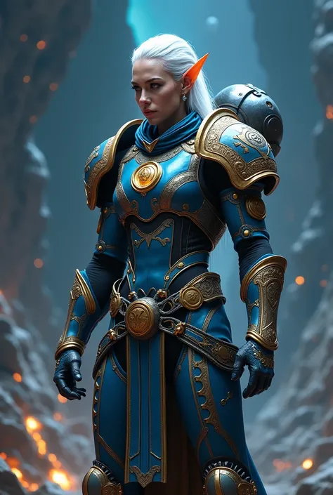 Elf in space marine armor and dwarl armor blue and gold