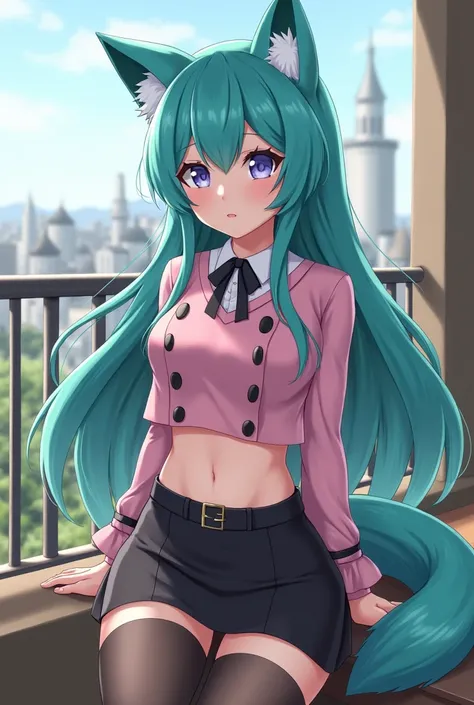  A fair-skinned Japanese girl ,  violet eyes costume,  long turquoise hair ,  turquoise wolf ears , belly piercing , turquoise wolf tail ,  a pink crop top with a black bow and black buttons, black skirt with a belt ,  high fishnets and black heels ,  real...