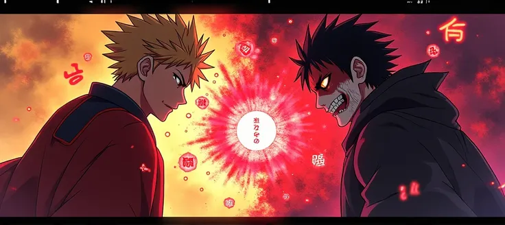 Create a hyper-detailed fan art of Jujutsu Kaisen featuring Yuji Itadori and Sukuna, staying true to their original designs. Yuji stands on the left, wearing his iconic red and black uniform, with a determined expression and a ready-to-fight pose. Sukuna s...