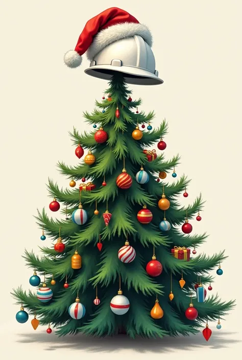  white industrial safety helmet with Christmas hat on top of a Christmas tree with ornament to show the whole tree ,For drawing the picture 