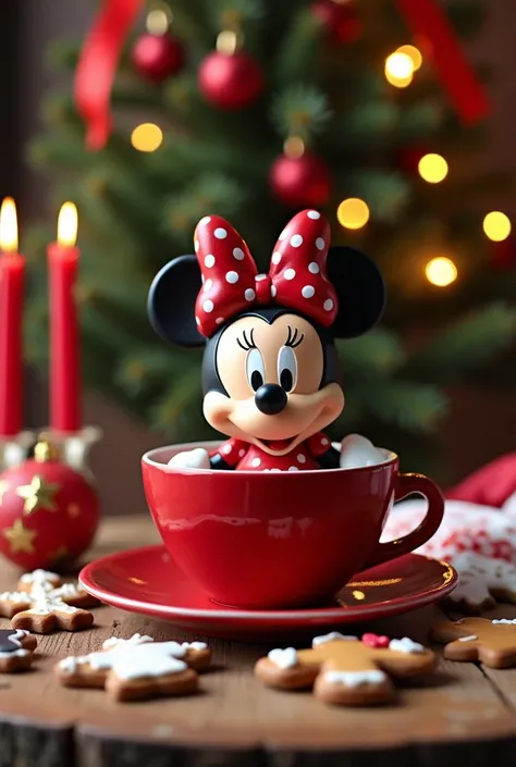  The image presents a cozy Christmas composition . in the center, , a figure of Minnie Mouse ,  wearing her classic tiara with a red ribbon of white dots ,  sitting inside a large red cup with saucer . In the background,  there are decorative Christmas ele...