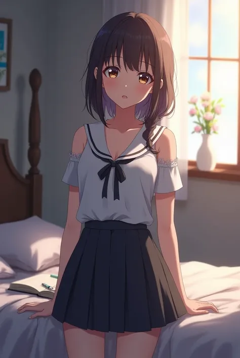 Anime girl wearing school dress with open shoulders and chest distanced in bedroom