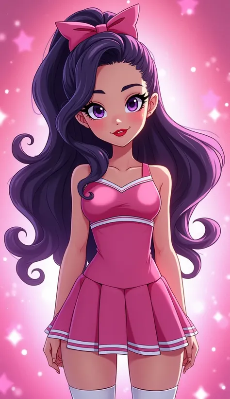 ( Close up ) , ( Close up from top of head to bottom of thigh ),(Front shot), (Carol Ferris from DC Super Hero Girls 2019), (long purplish-black hair ), (ponytail hairstyle), (sparkly purplish-black hair), (purplish-black hair elegant) (Dark purplish-black...