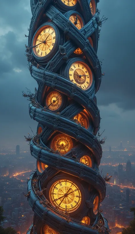 A towering spiral-shaped building inspired by da Vinci’s intricate clock tower designs. The structure features a twisting facade adorned with metallic and stone embellishments. Visible gears and pendulums move externally, while astronomical clock hands tra...