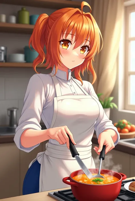 Anime Asuna Yuuki with orange hair and orange eyes she is wearing blue pants with a white blouse she is wearing a chef apron she is cooking soup