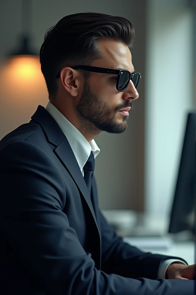 A man in a cool suit with black hair ,  wearing sunglasses in an office working on a computer. profile picture