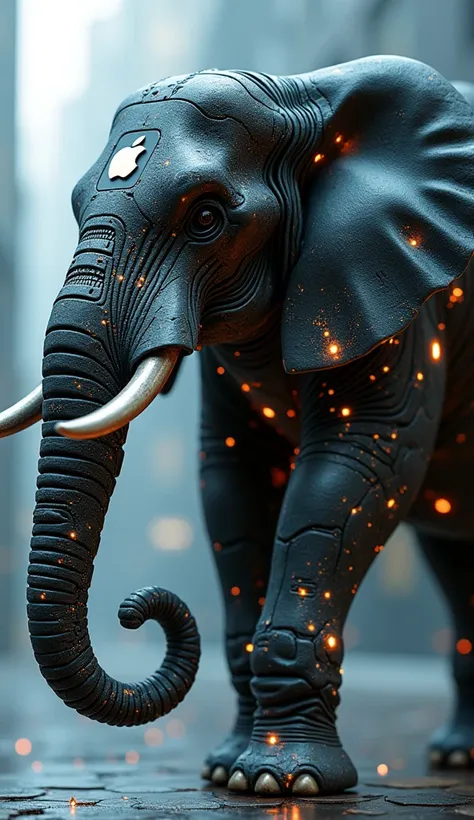  create an image of an elephant created with micro chips,  and with artificial intelligence , with the iPhone logo 